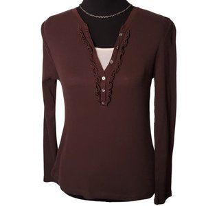 Carolyn Taylor Brown Long Sleeve Top with White Insert – Size Large